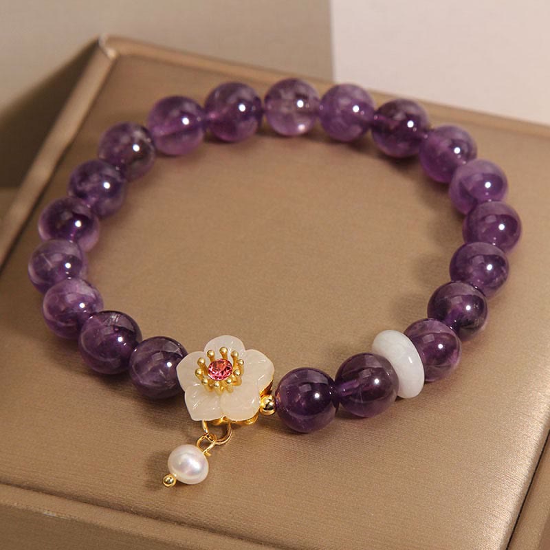 Natural Amethyst, White Agate & Pearl Charm Balance Bracelet (14-17cm)