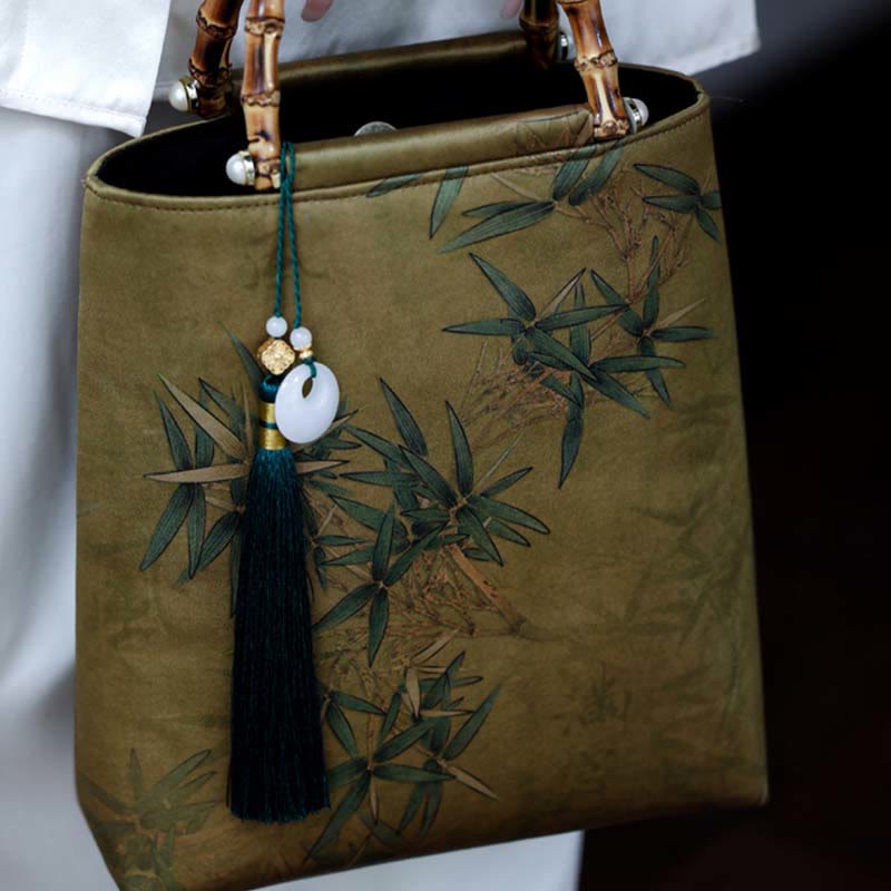 Yellow Green Bamboo Leaves Bamboo Handles Handbag