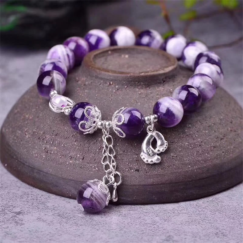 925 Sterling Silver Natural Amethyst Healing Feet Love Heart Charm Bracelet