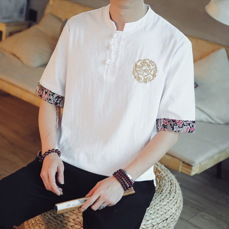 Frog-Button Dragon Embroidery Chinese Tang Suit Short Sleeve Shirt Linen Men Clothing