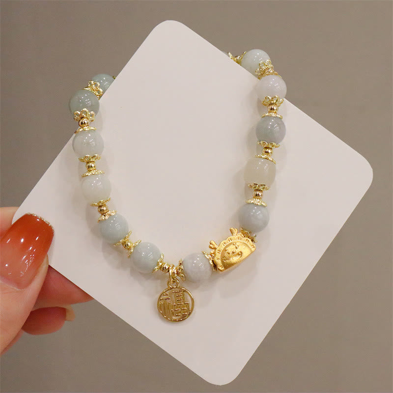 Year Of The Dragon Red Agate Strawberry Quartz Black Obsidian Jade Garnet Pearl Cinnabar Dumpling Dragon Luck Fu Character Bracelet