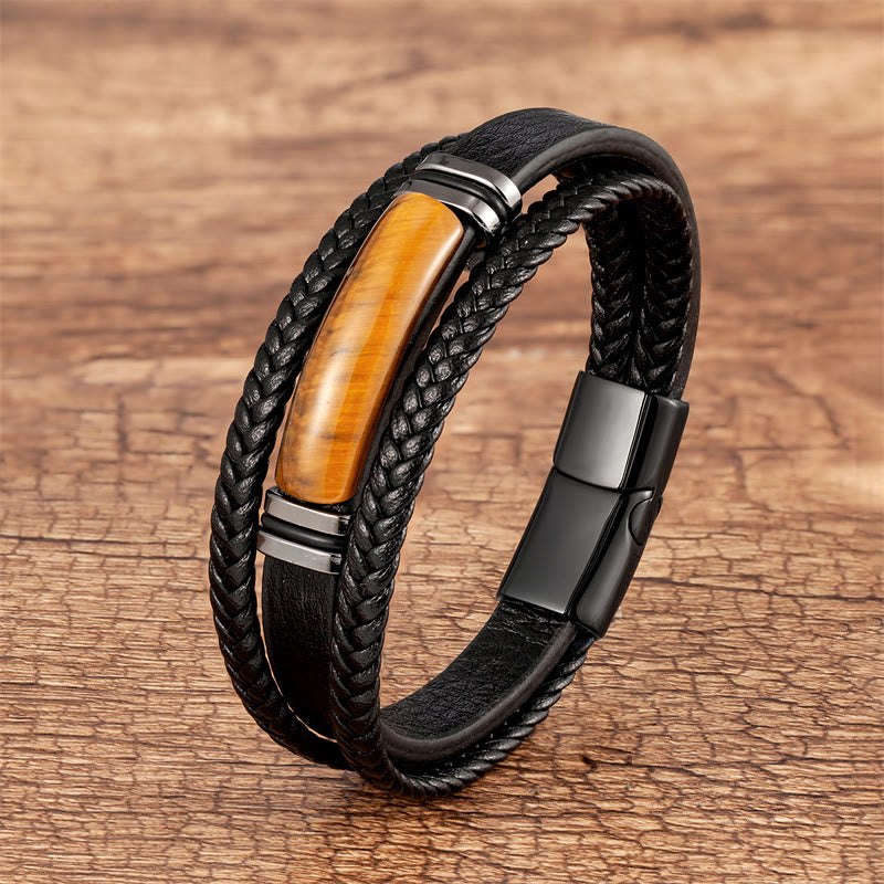 Multilayered Braided Leather Natural Gemstone Power Bracelet
