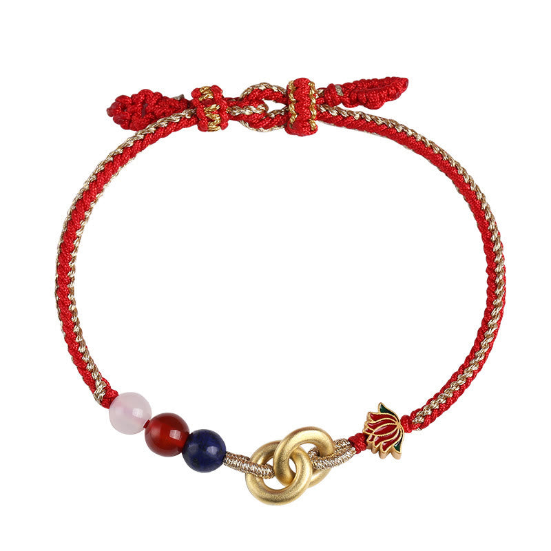 925 Sterling Silver Double Ping An Kou Lotus Jade Red String Bracelet