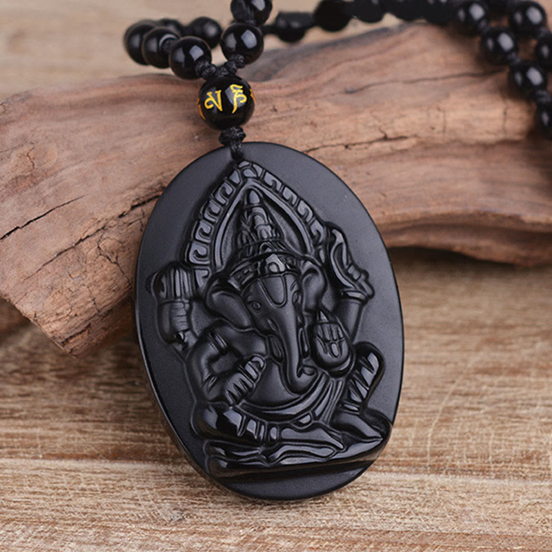 Tibetan Obsidian Ganesh Ganpati Elephant Wealth Amulet Necklace