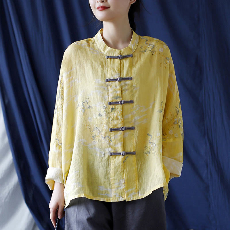 Yellow Phoenix Print Frog-button Design Long Sleeve Ramie Linen Jacket Shirt
