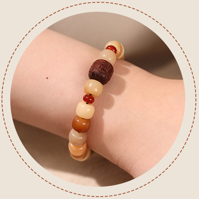 Natural Bodhi Seed & Red Sandalwood Om Mani Padme Hum Citipati Kapala Bracelet