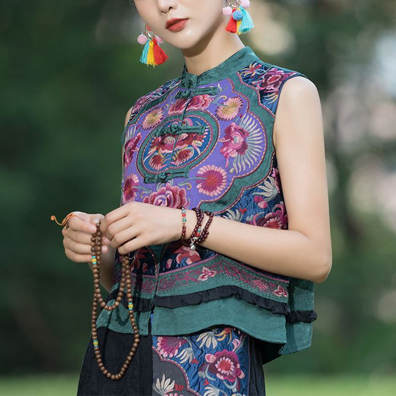Frog-Button Embroidery Flowers Cotton Linen Tang Suit Design Sleeveless Vest