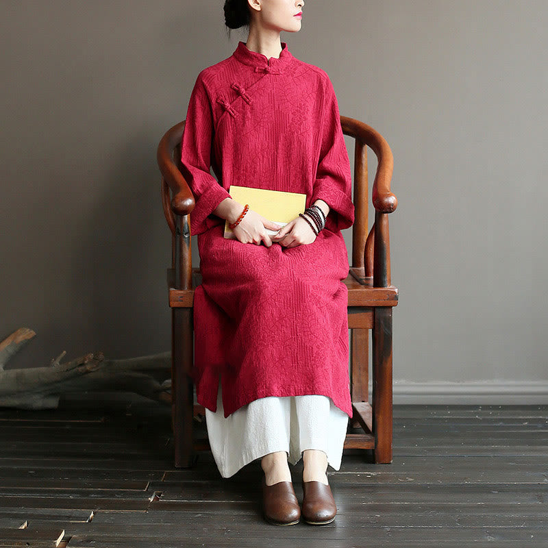 Flower Jacquard Midi Dress Long Sleeve Cotton Linen Dress Wide Leg Pants With Pockets