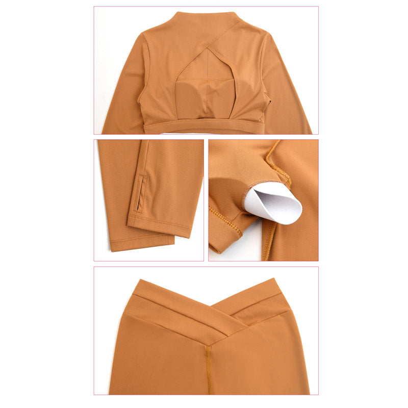2Pcs Long Sleeve Backless Top Bra Leggings Pants Fitness Yoga Outfit Set