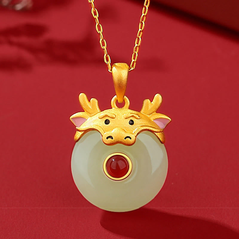 925 Sterling Silver Hetian Jade Chinese Zodiac Year of the Dragon Red Agate Luck Protection Necklace Pendant