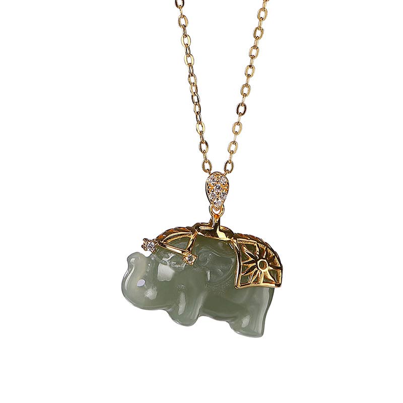 Gold Plated 925 Sterling Silver Jade Elephant Pendant Unisex Necklace
