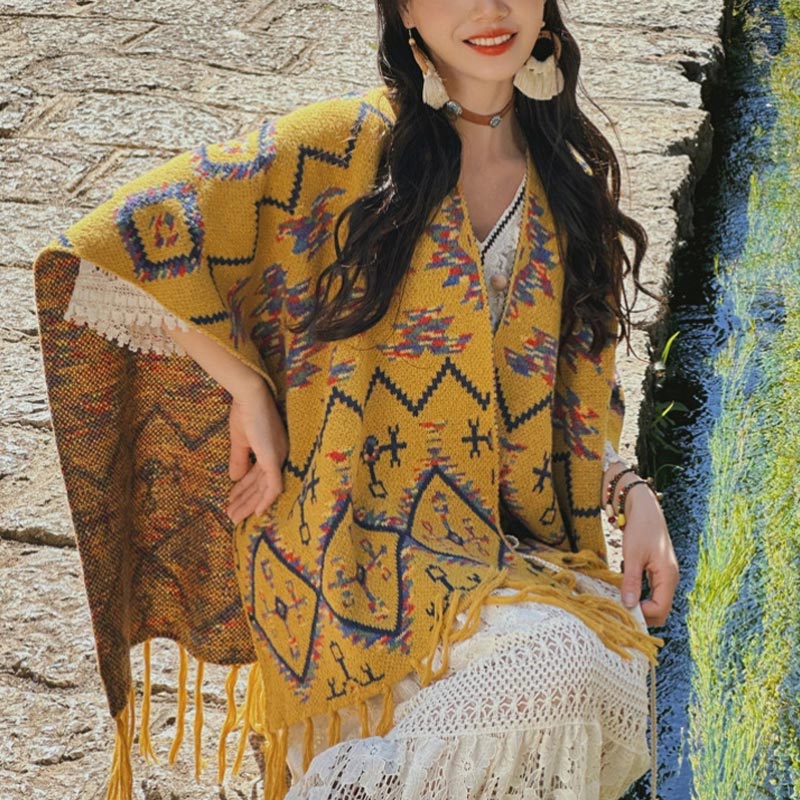 Tibetan Shawl Striped Geometry Pattern Winter Cozy Travel Knitted Scarf Wrap