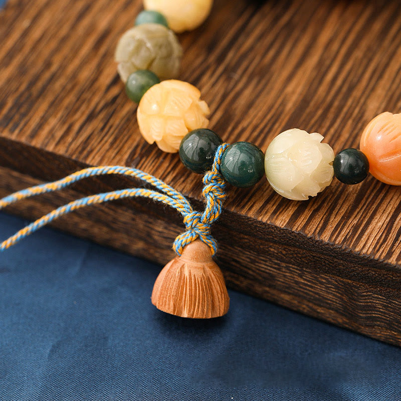 Bodhi Seed Lotus Bead Engraved Moss Agate Peace Calm Bracelet