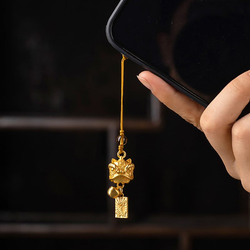 Dancing Guardian Lion Brass Copper Phone Charm with Ping An Kou & Ruyi Symbols