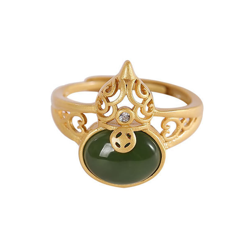 Gourd Cyan Jade Copper Coin Success Luck Adjustable Ring