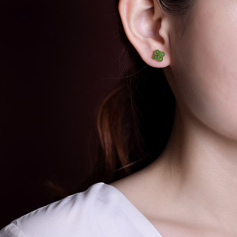 Handcrafted Natural Cyan Jade and Gold Plated 925 Sterling Silver Clover Stud Earrings