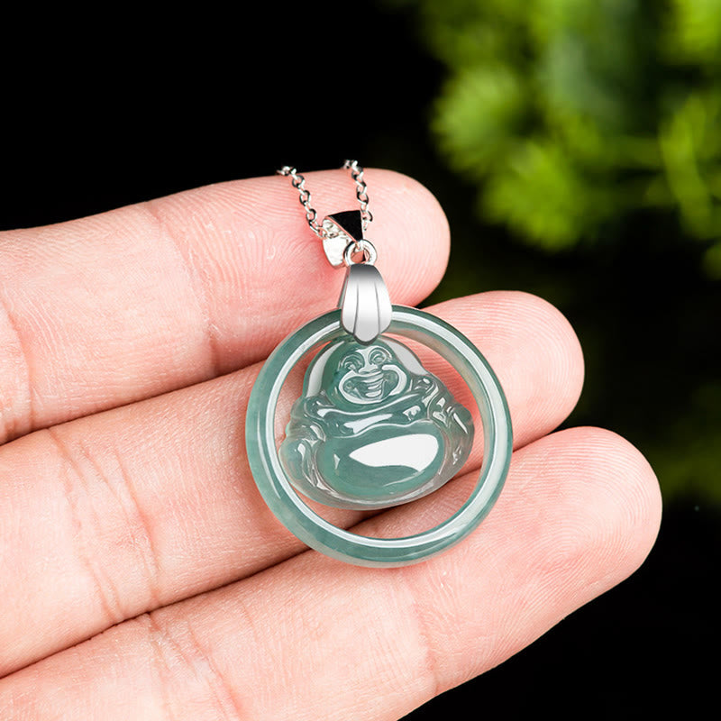 925 Sterling Silver Natural Jade Round Laughing Buddha Abundance Chain Necklace Pendant