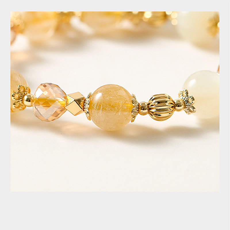 14K Gold Plated Golden Rutilated Quartz Wealth Bell Lucky Fortune Charm Bracelet