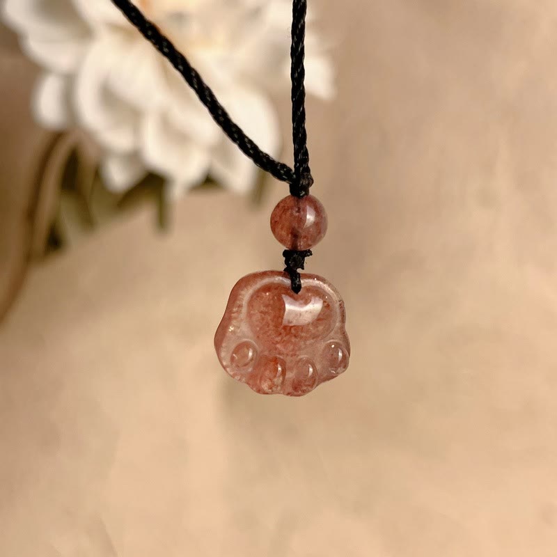 Strawberry Quartz Lovely Cat Paw Claw Healing Necklace Pendant