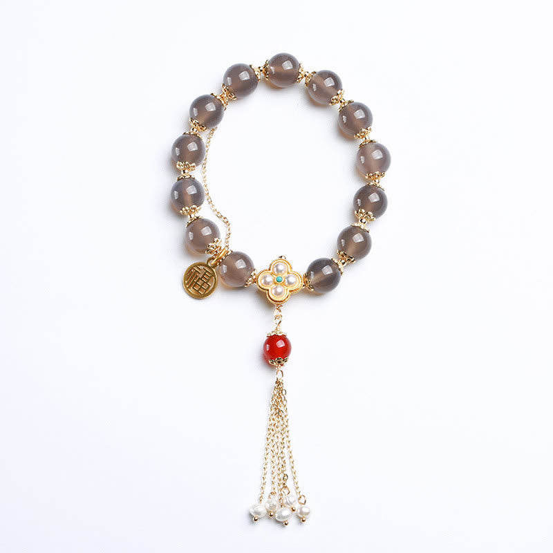 Natural Gray Agate and Pearl Beaded Bracelet with Fu Symbol Tassel