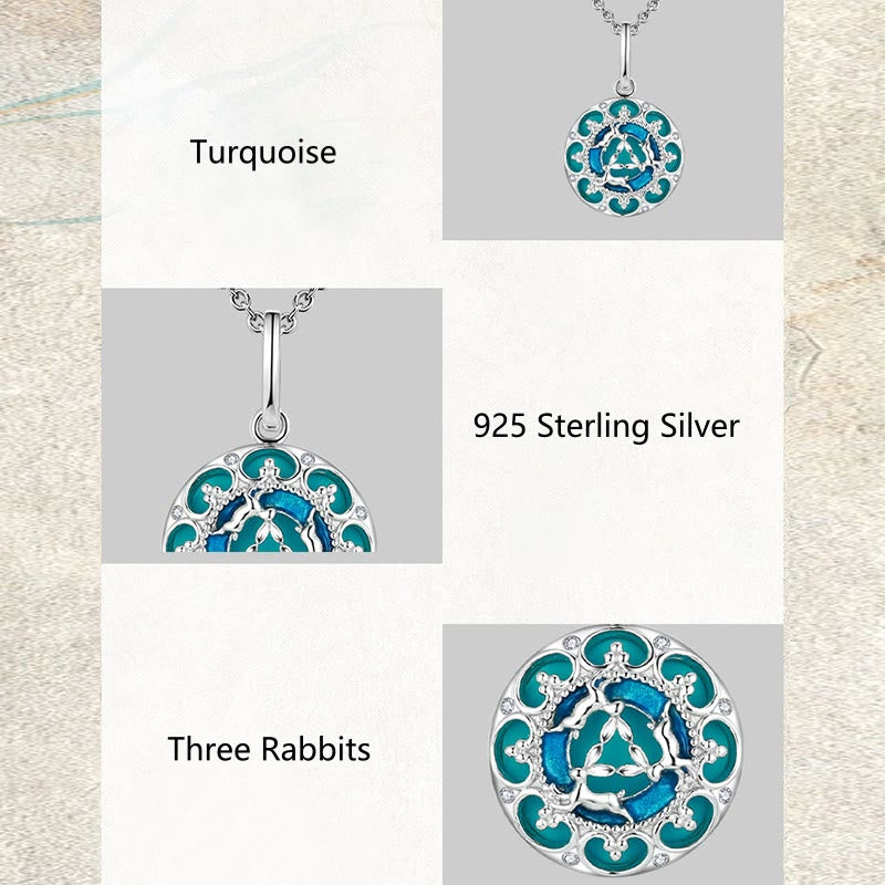 925 Sterling Silver Round Three Rabbits Turquoise Balance Necklace Pendant