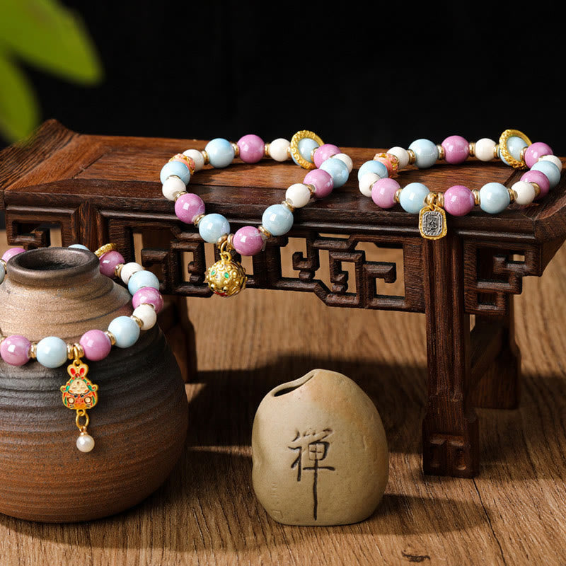 Tibetan Zakiram Goddess of Wealth Rabbit Lion Head Charm Liuli Glass Incense Ash Porcelain Bead Protection Bracelet