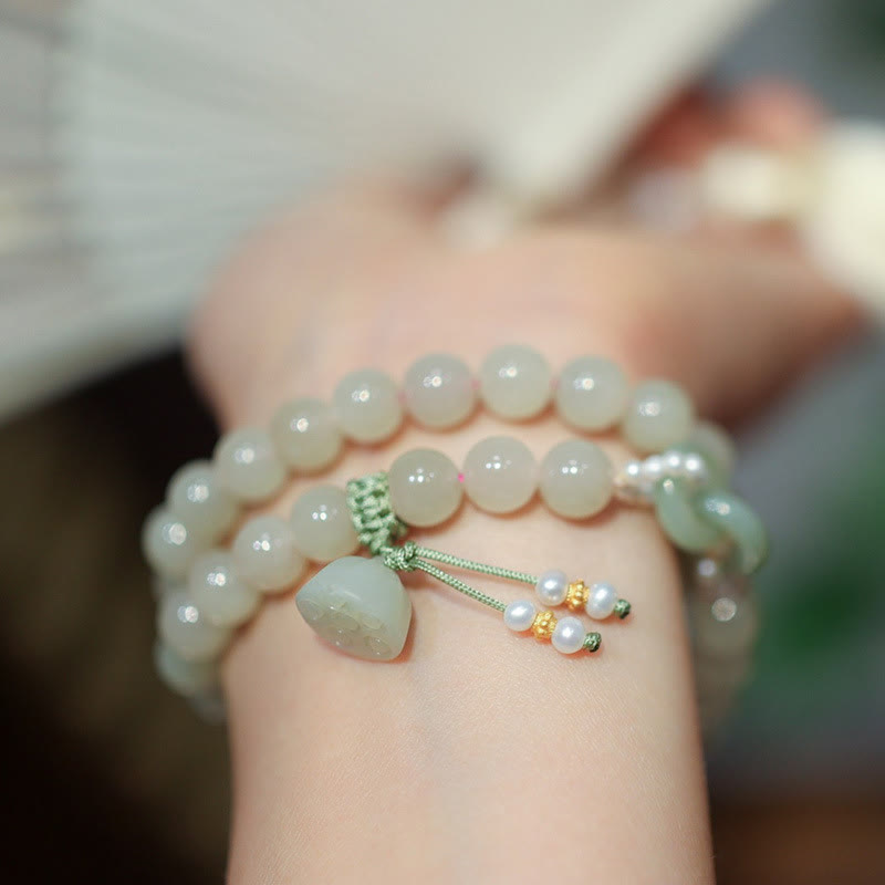 925 Sterling Silver Hetian Jade Double Peace Buckle Lotus Luck Double Wrap Bracelet