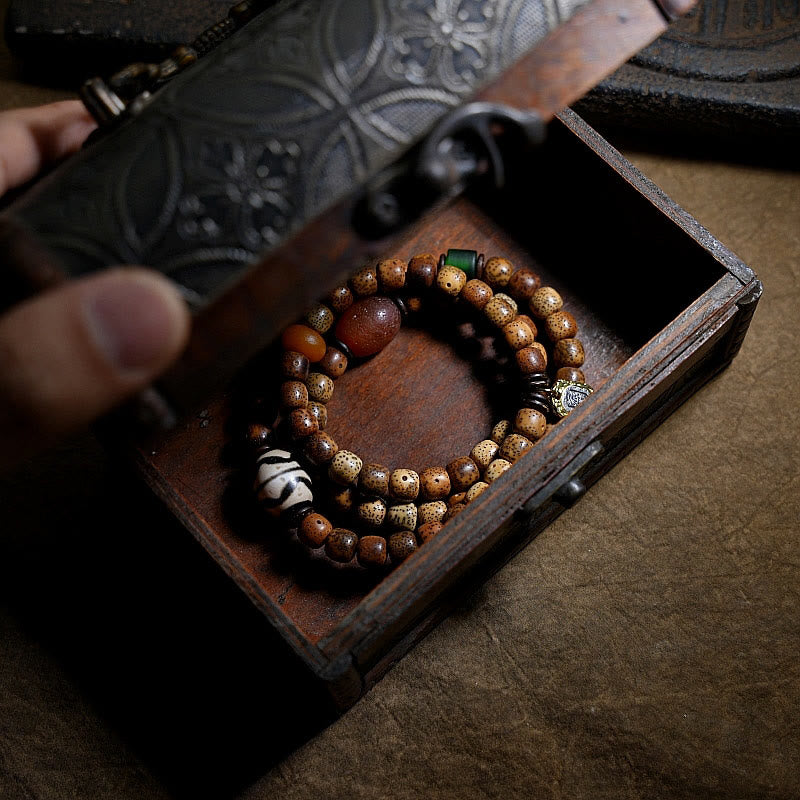 Tibetan Bodhi Seed Amber Dzi Bead Agate Zakiram Goddess of Wealth Beads Triple Wrap Bracelet