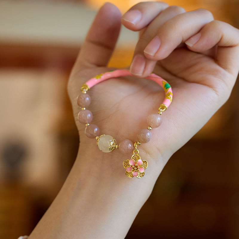 Natural Sun Stone Golden Silk Jade Flower Charm Wealth Bracelet Bangle