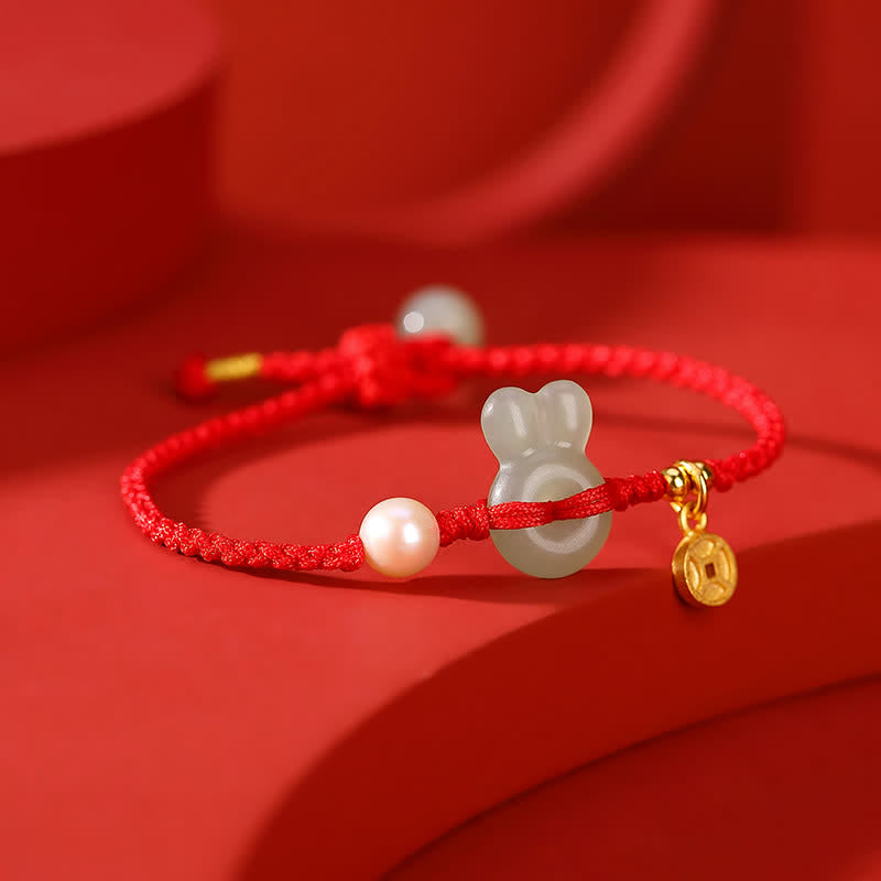 925 Sterling Silver Hetian Jade & Pearl Rabbit Chinese Coin Red String Bracelet