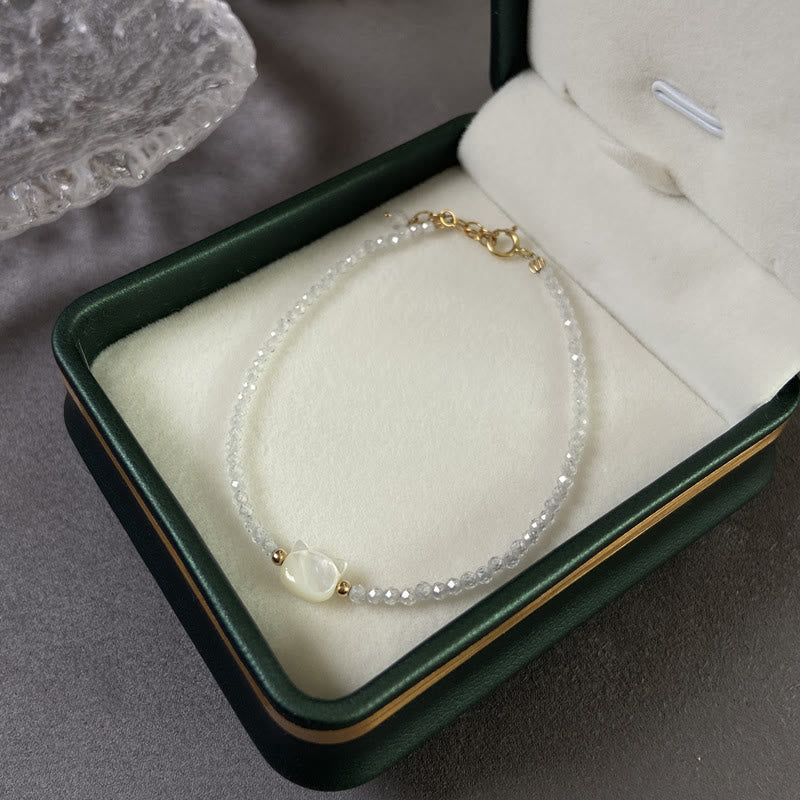 14K Gold Plated Black Spinel White Crystal Cute Cat Tridacna Stone Healing Bracelet