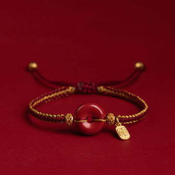 Natural Cinnabar Peace Buckle Fu Character Charm Blessing Braided Bracelet