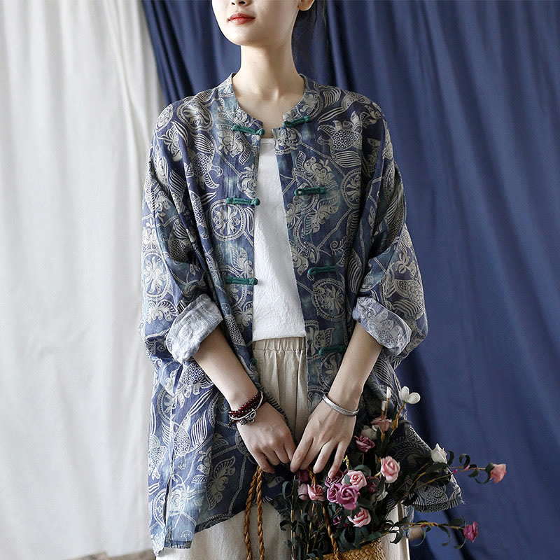 Birds Flowers Geometry Frog-Button Long Sleeve Ramie Linen Jacket Shirt