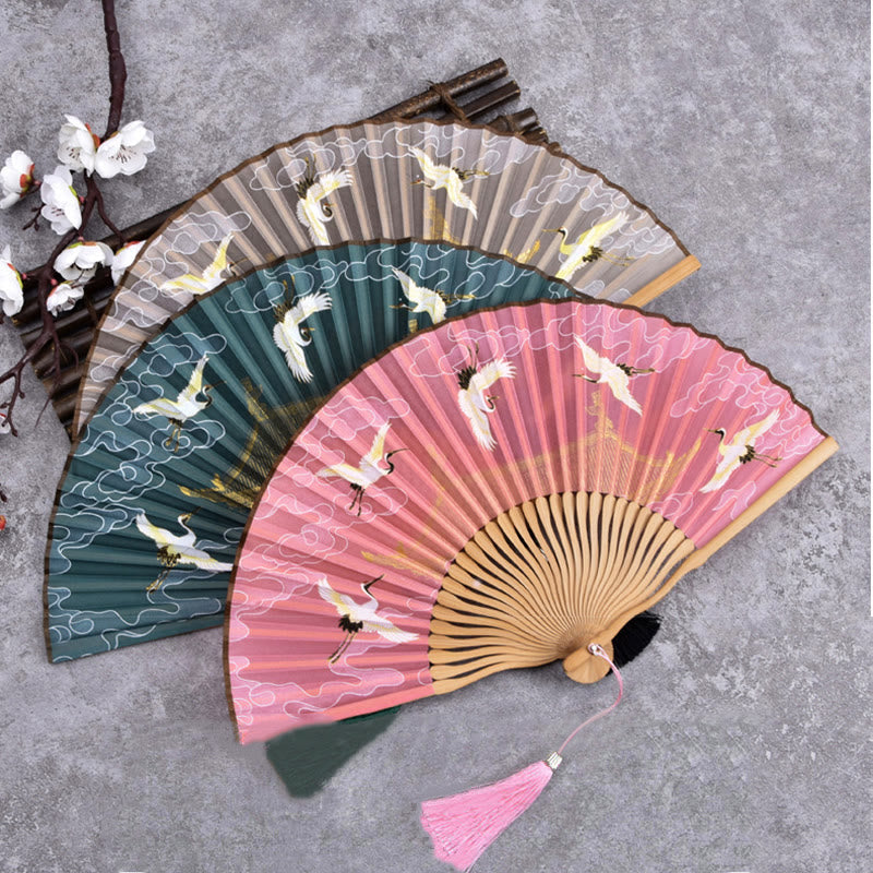 Vintage Cloud Crane Pattern Handheld Bamboo Folding Fan