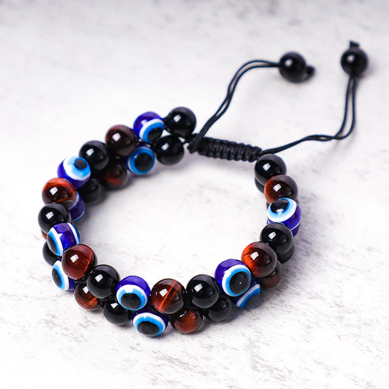 Handmade Evil Eye Hematite and Tiger Eye Adjustable Beaded Bracelet for Men and Women