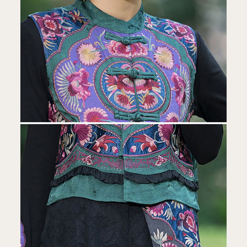 Frog-Button Embroidery Flowers Cotton Linen Tang Suit Design Sleeveless Vest