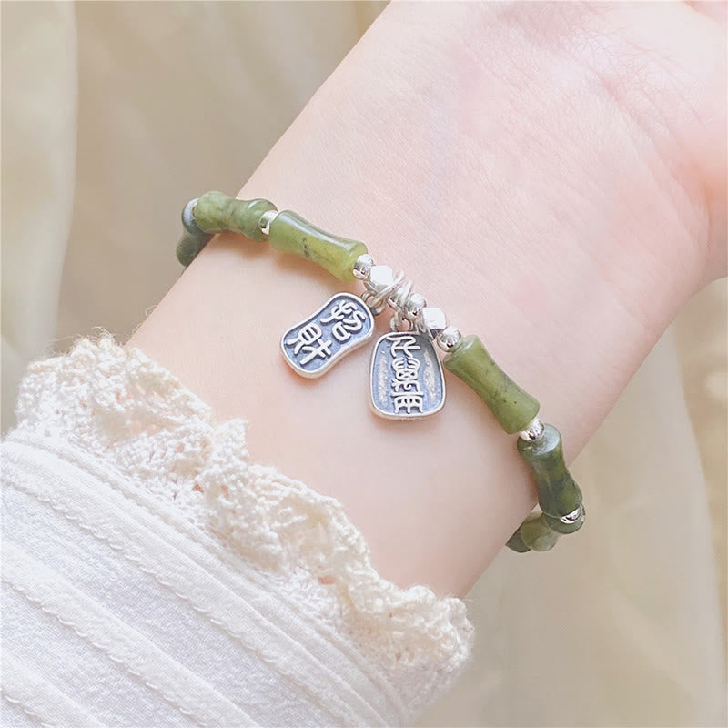 925 Sterling Silver Bamboo Jade Lucky Cat Fu Character Luck Abundance Bracelet