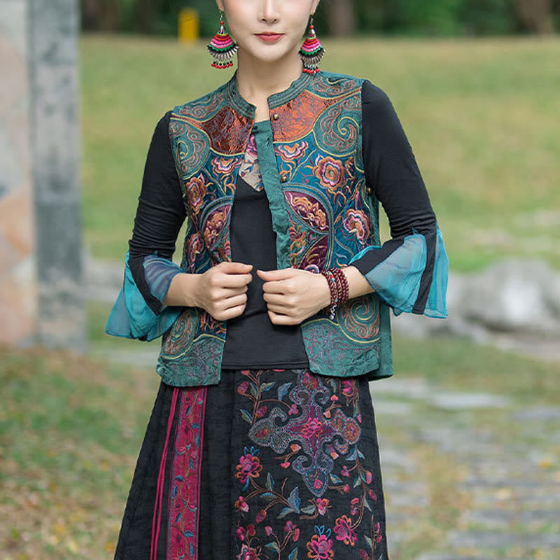 Vintage Style Embroidery Flower Tang Suit Design Sleeveless Vest