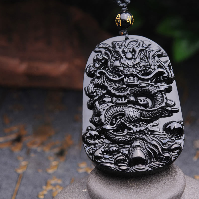 Black Obsidian Stone Dragon Fulfilment Pendant Necklace