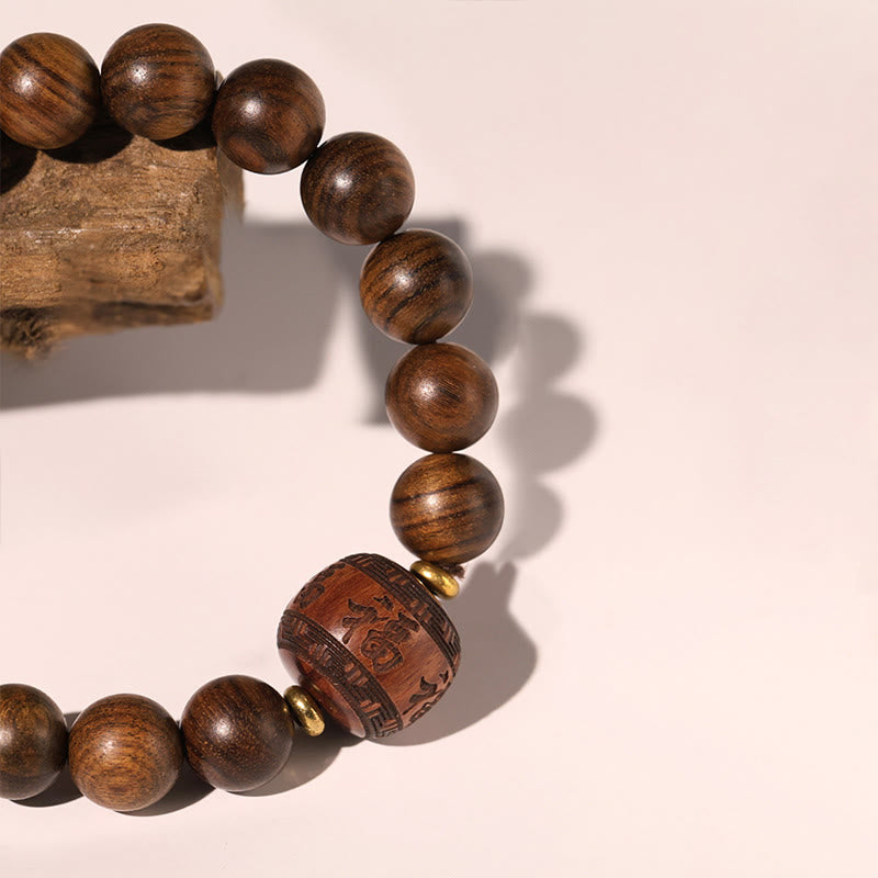 Hand-Carved Rosewood & Jade Turquoise Copper Auspicious Clouds Fu Symbol Bracelet