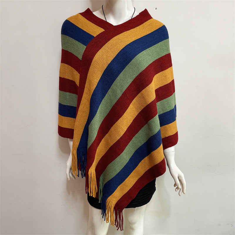 Knitted Striped Tassel Pullover Meditation Shawl Wrap