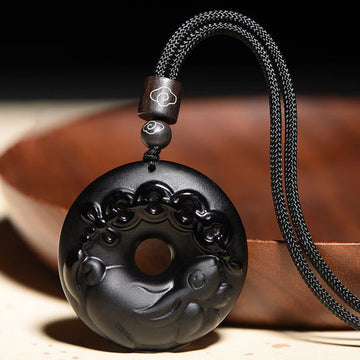 Chinese Zodiac Natural Black Obsidian Peace Buckle Strength Necklace Pendant