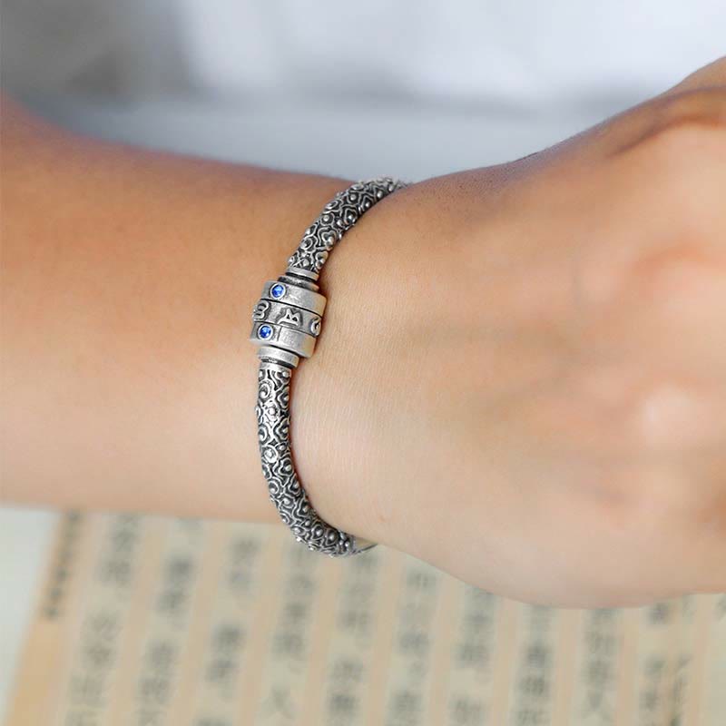 990 Fine Silver Tibetan Om Mani Padme Hum Engraved Auspicious Clouds Bangle