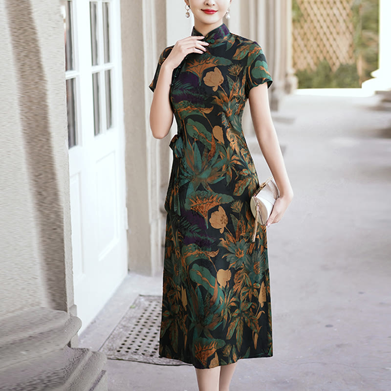 Silk Qipao Dress Retro Flower Leaf Pattern Women's Cheongsam Dress