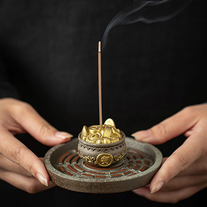 Ceramic Bagua Tray & Symbolic Wealth Vessel Stick Incense Burner