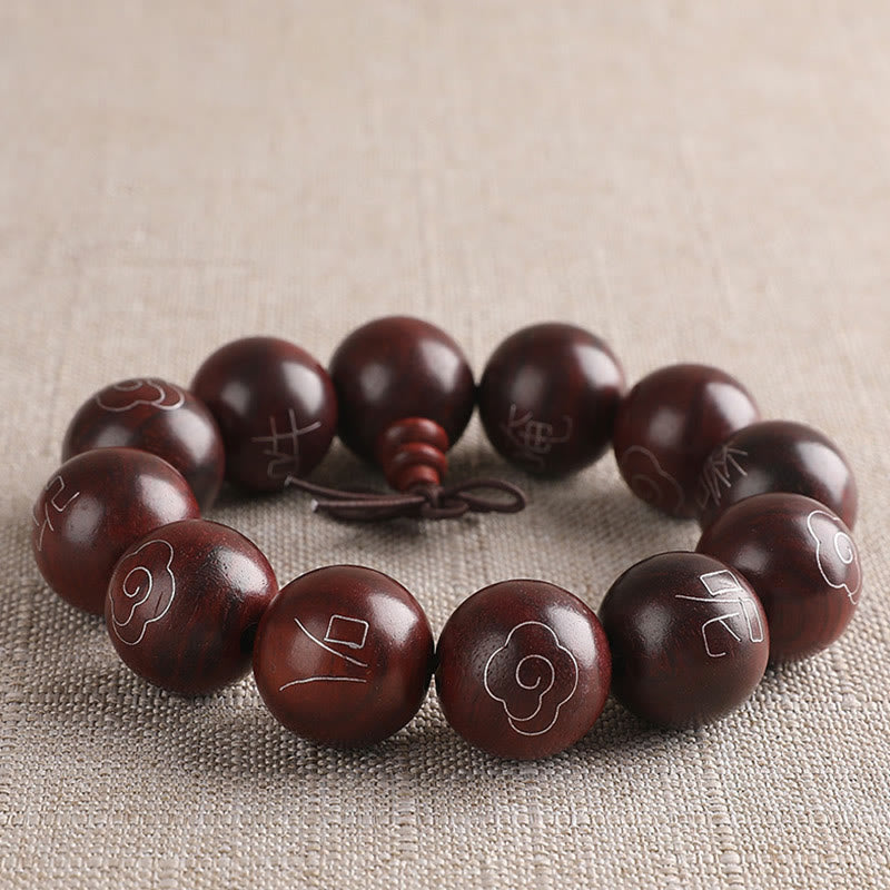 925 Sterling Silver Inlaid Small Leaf Red Sandalwood Om Mani Padme Hum Character Auspicious Clouds Protection Bracelet