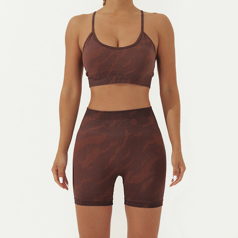 2Pcs Camo Print Backless Criss-Cross Strap Top Bra Shorts Leggings Pants Fitness Yoga Outfit Set