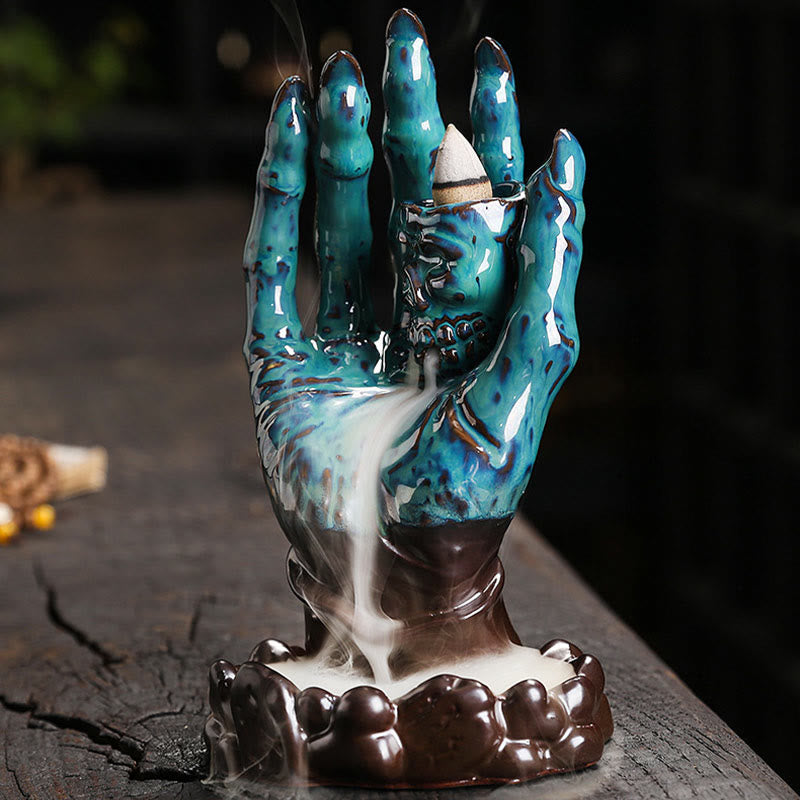 Ceramic Skull and Skeletal Hand Backflow Incense Burner for Atmospheric Meditation