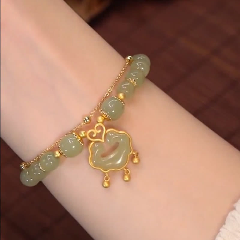 14K Gold Plated Sterling Silver Hetian Jade Longevity Lock & Ritual Bell Chain Bracelet