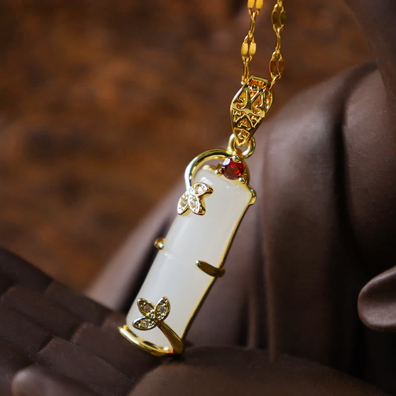 White Jade Cyan Jade Bamboo Luck Protection Necklace Pendant